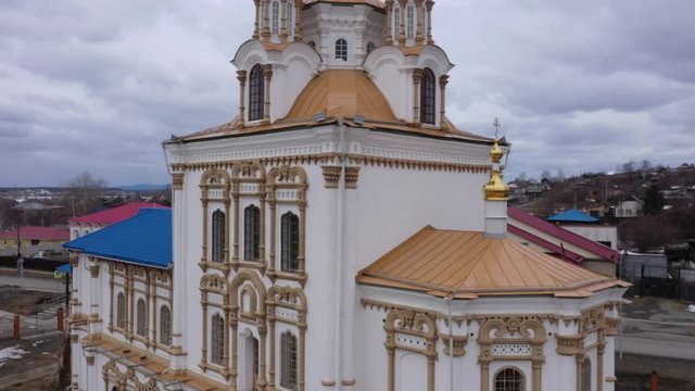 Aerial view of сhurch in the name of St. Apostle and Evangelist John the Divine. City of Karpinsk. Russia