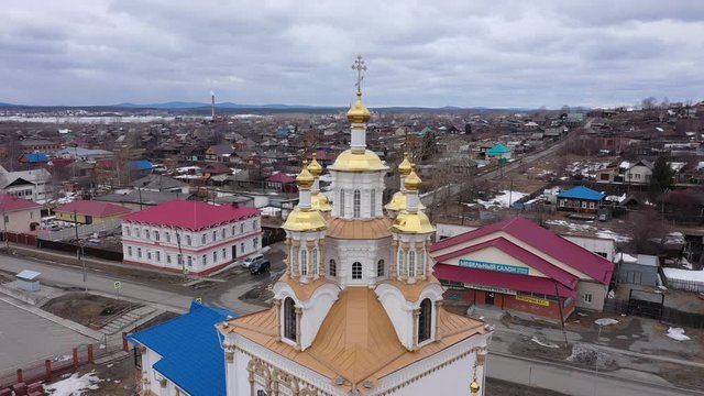 Aerial view of сhurch in the name of St. Apostle and Evangelist John the Divine. City of Karpinsk. Russia