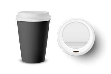 Vector 3d Realistic Black Disposable Closed Paper, Plastic Coffee Cup for Drinks with White Lid Set Closeup Isolated on White Background. Design Template, Mockup. Top and Front View