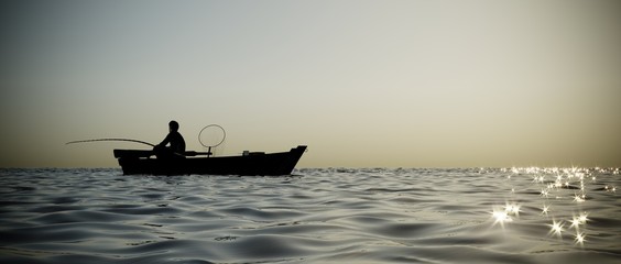3D Render of Fisherman in Boat at Evening on Sea with Sun Sparkles