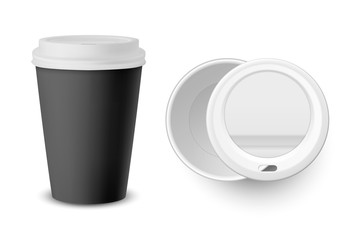 Vector 3d Realistic Black Disposable Closed Paper, Plastic Coffee Cup for Drinks with White Lid Set Closeup Isolated on White Background. Design Template, Mockup. Top and Front View