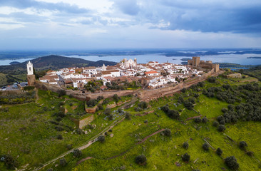 Fototapeta premium Monsaraz drone aerial view in Alentejo at sunset, in Portugal