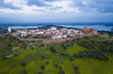 Fototapeta na wymiar Monsaraz drone aerial view in Alentejo at sunset, in Portugal