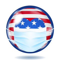 Round glass button in USA flag colors with a medical disposable mask for protection of coronavirus