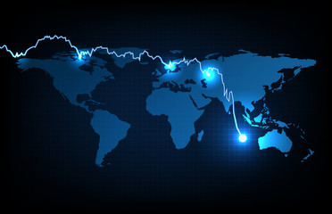 Fototapeta na wymiar abstract background of glowing economy crisis down stock market graph and globe world maps
