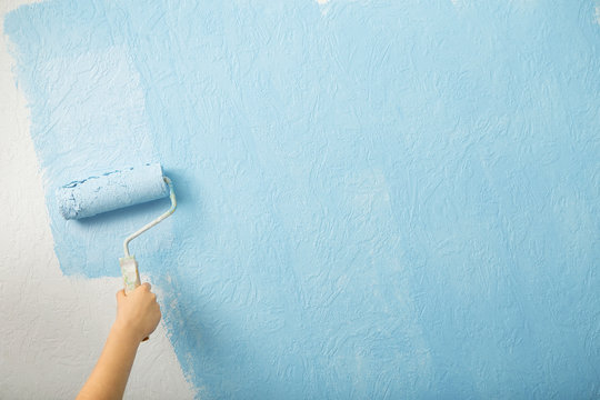 Female hand paints wall with paint roller