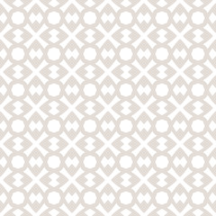 Vector seamless geometric pattern. Subtle abstract texture with small shapes, crosses, rhombuses, grid, mesh, lattice, net. Simple modern white and beige repeat background. Design for decor, textile