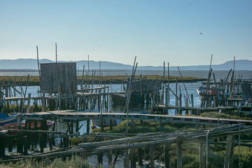 Naklejka premium Old seaport with boats and boats and gangway, copy-space