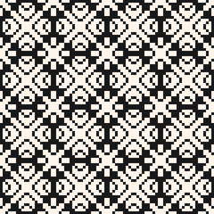 Vector geometric traditional ornament. Fair isle seamless pattern. Simple texture with squares, crosses, flowers, snowflakes, knitting, embroidery. Black and white repeat background. Ethnic folk motif