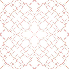 Rose gold geometric seamless pattern. Vector metallic copper lines on white background. Golden ornament with delicate grid, lattice, net, mesh, lines. Abstract graphic texture. Luxury repeat design