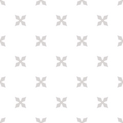 Subtle vector floral texture. Geometric seamless pattern with flower silhouettes, crosses. Simple abstract ornament. White and light gray minimalist background. Repeated design for decor, wallpapers