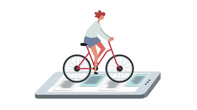 Flat Cartoon Stick Figure Color Woman Girl Character Ride Bicycle Smartphone Animation Luma Matte