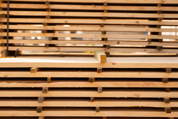 Warehouse for sawing boards on a sawmill outdoors. Timber mill, sawmill. Storage of planed wooden boards. Piles of wooden boards in the sawmill. Planking. Industry.