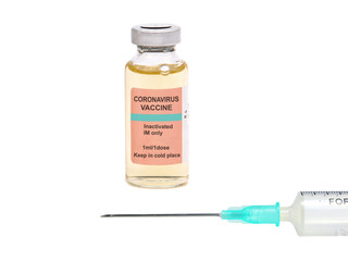 Coronavirus vaccine vial and syringe isolated on white background