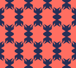 Fototapeta na wymiar Bright colorful geometric seamless pattern. Simple vector abstract texture. Dark blue and living coral color. Modern background in traditional ethnic style, folk motif. Funky repeat decorative design