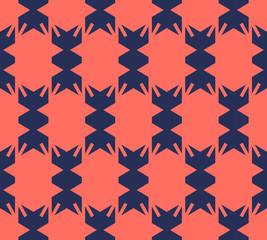 Bright colorful geometric seamless pattern. Simple vector abstract texture. Dark blue and living coral color. Modern background in traditional ethnic style, folk motif. Funky repeat decorative design