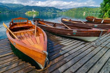 Empty rent boats on the Bled Lake.