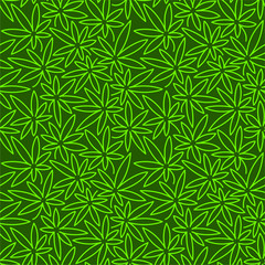 Seamless Green Pattern With Cannabis Leaves. Doodle Vector Illustration.