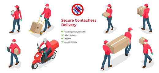 Isometric icons of delivery man and woman or courier in a medical mask and gloves delivering food to customer at home. Online purchases during a quarantine. Contactless or to the door delivery.