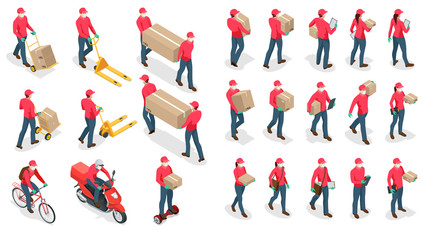 Isometric icons of delivery man and woman or courier in a medical mask and gloves delivering food to customer at home. Online purchases during a quarantine. Contactless or to the door delivery.