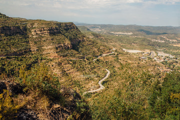 A mountain view with monastery on the top in Montserrat, Spain