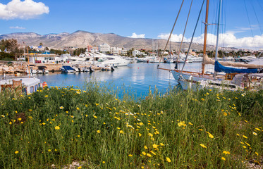 Beautiful spring season in Glyfada harbor with spring flowers, moored boats, calm sea, blue sky of suburb in South Athens located in the Athens Riviera, Greece.