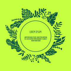 Vector round frame with cartoon tropical leaves on green background.