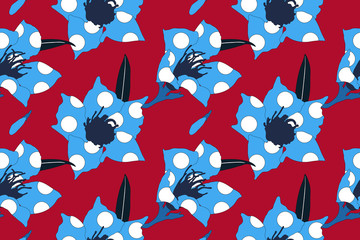 Fototapeta premium Retro - modern flowers and circle shape seamless pattern design, flat mono red and blue colour, nostalgic, minimal feelings.