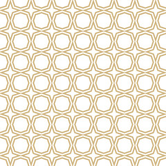 Golden vector ornamental geometric seamless pattern. Elegant texture with diamond shapes, octagons, grid, mesh, repeat tiles. Abstract minimal ornament. Simple gold linear background. Luxury design