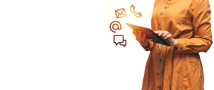 Business woman holding tablet with icon mobile phone, mail, telephone and address. Customer service call center contact us concept