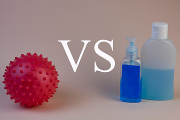 coronavirus against antiseptics on a light peach background