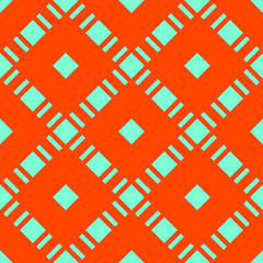 Vector seamless pattern with squares, diamond grid, net, lattice. Abstract checkered geometric texture. Trendy colors, neon orange and turquoise. Simple modern ornament background. Repeat design