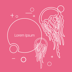 Vector template with linear set jellyfish, frame, place for text. Memphis style.