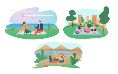 Obraz premium Cartoon people on picnic vector illustration. Flat family characters, happy man woman couple or friends have fun, eat food on outdoor summer park picnic party. Weekend in nature set isolated on white