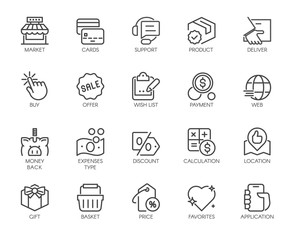 Shopping, E-commerce, Online Store Outline Icons Set.