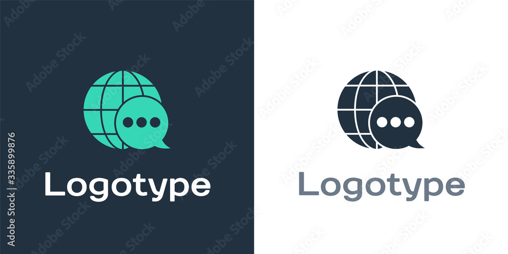 Poster logotype world map made from speech bubble icon isolated on white background. global communication s