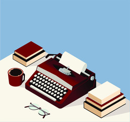 Vector isometric illustration with red typewriter, books, black coffee and glasses. Blue background. Composition on the white table. 3D illustration. World Writer Day. All elements are isolated.
