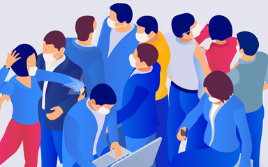 Coronavirus in World (2019-nCoV). Group of people wearing protection medical face mask to protect and prevent virus. People work and relax during a pandemic. 3d isometric vector illustration.