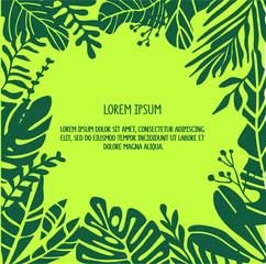 Vector poster with tropical leaves as a decorate frame. Cartoon background for text. For invite cards, web banner design, posters. Handraw colorful cartoon illustration. Exotic flora. Monstera leaves.