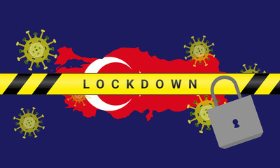 Illustration vector graphic of Turkey Lockdown. Illustration of lockdown tape and padlock. Coronavirus outbreak. Prohibited from leaving the Turkey country. vector illustration EPS10. covid-19.