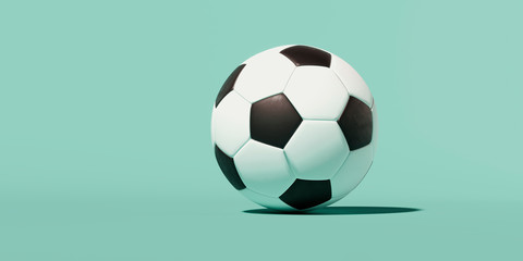 Obraz premium 3d image, black and white classic soccer ball on a green background, place for text, banner, icon, wallpaper