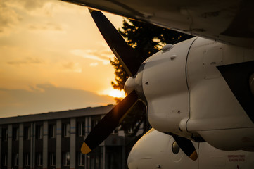 Engine screw on sunset background