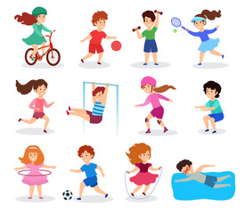Kids do sport, vector illustration, flat style. Children characters, isolated on white, practicing different sports, physical activities and play. Sportsman sections for boys and girls.