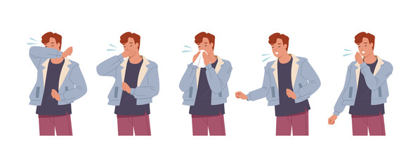 Male character sneezing and coughing right and wrong. Man coughing in arm, elbow, tissue. Prevention against virus and infection. Vector illustration in a flat style
