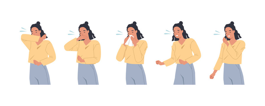 Female character sneezing and coughing right and wrong. Woman coughing in arm, elbow, tissue. Prevention against virus and infection. Vector illustration in a flat style