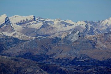 Zoom in photo at the summit of Mount Temple, view towards Molar Peak and the Molar Meadows, Banff National Park, Canadian Rockies