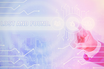 Naklejka premium Word writing text Lost And Found. Business photo showcasing a place where lost items are stored until they reclaimed