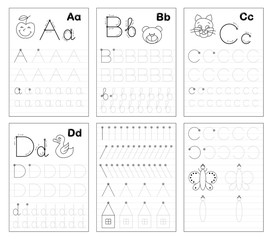 Set of black and white educational pages on line for kids. Learn to trace alphabet letters. Printable worksheet for children textbook. Developing writing skills. Back to school. ABC exercise book. © nataljacernecka
