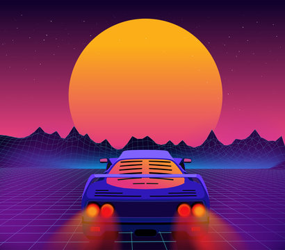 Retro future. 80s style sci-fi background with supercar.