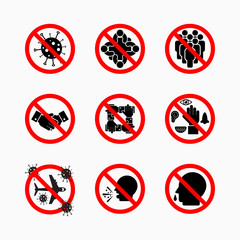 set of prohibit virus icon, coronavirus safety measures and precautions, how to protect yourself and others